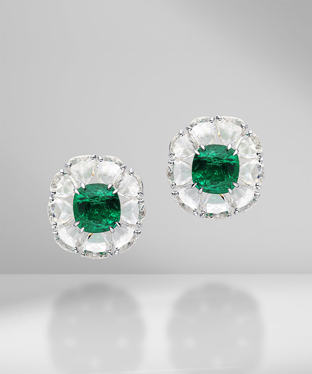 Emerald Studs with Rose Cut Diamonds