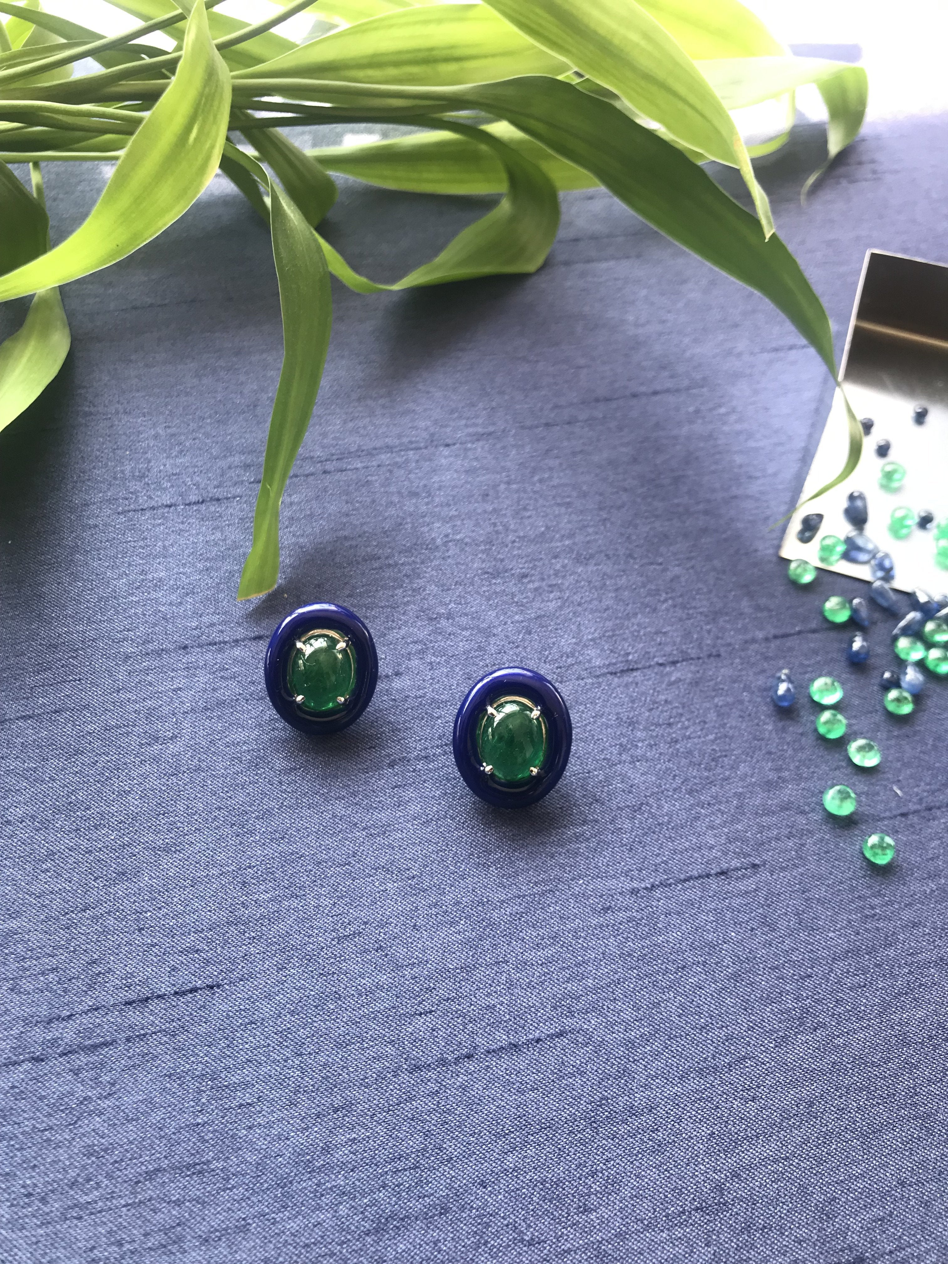 Enamel Emerald Cabochon Earrings