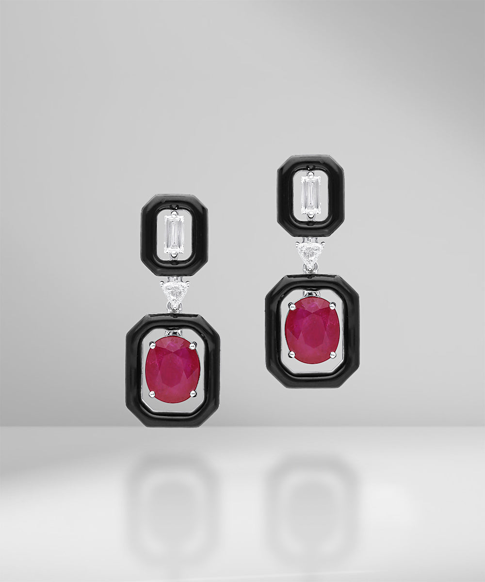 Ruby & Diamond Earrings with Black Enamel