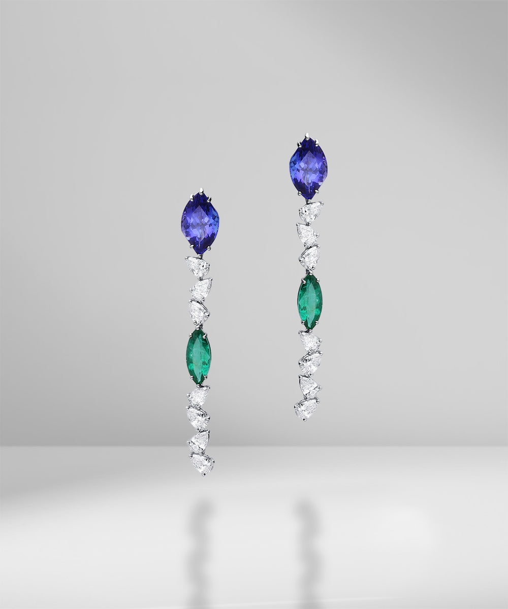 Stunning Tanzanite, Emerald, and Diamond Earrings