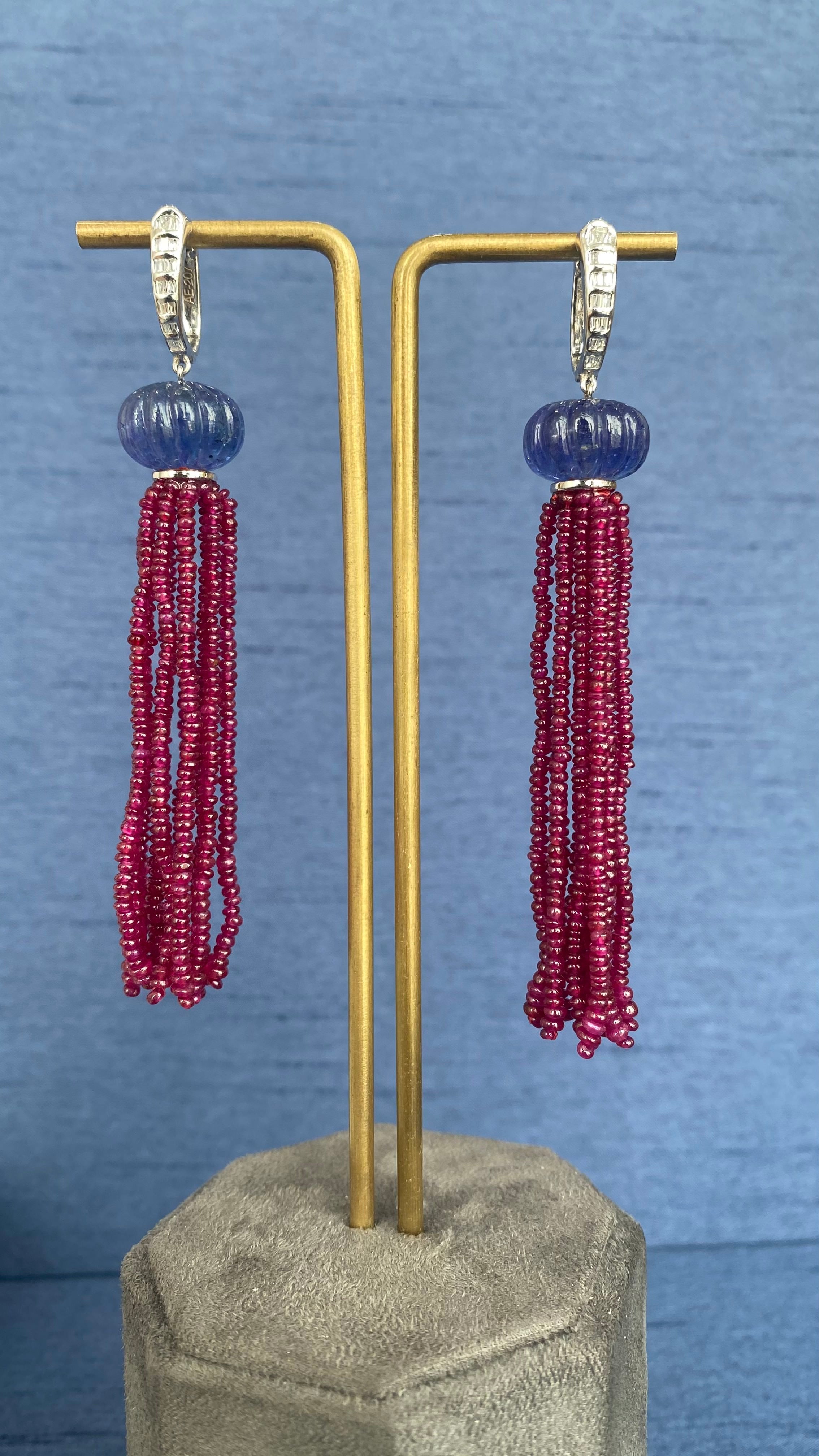 Ruby Beads, Tanzanite Beads & Diamond Tassel Earrings