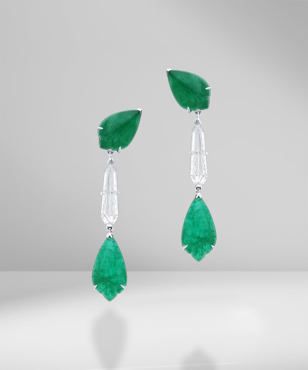 Shield cut diamond and leaf shape emerald earring