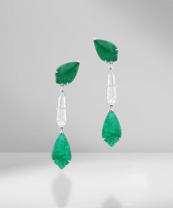 Shield cut diamond and leaf shape emerald earring