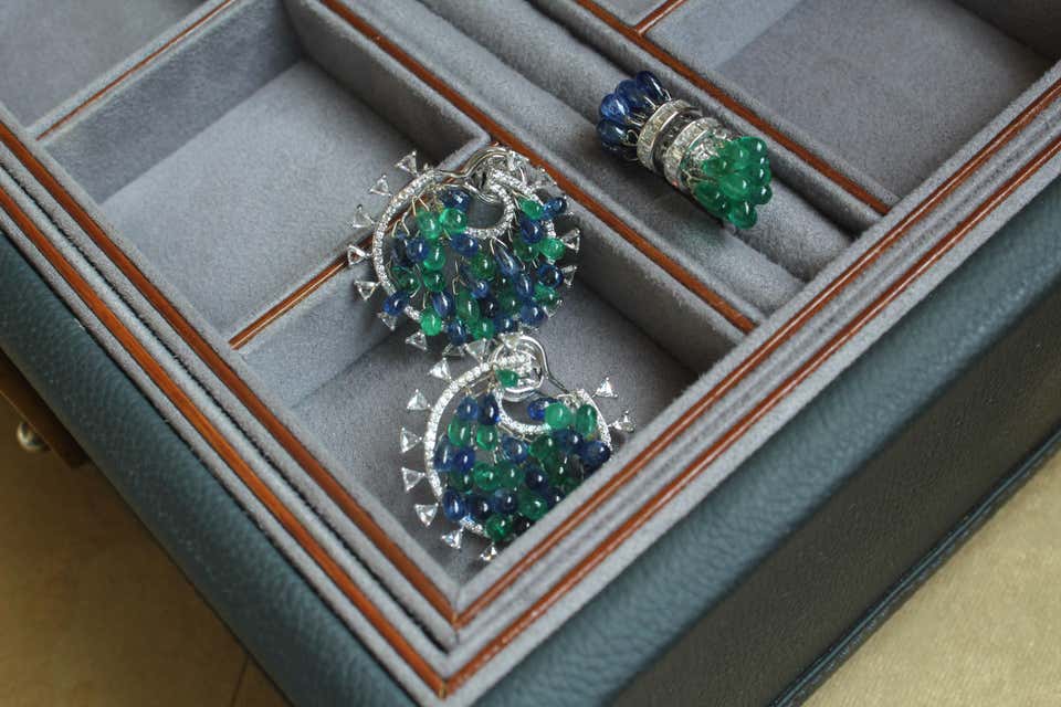 Emerald & Blue Sapphire Drop Earrings