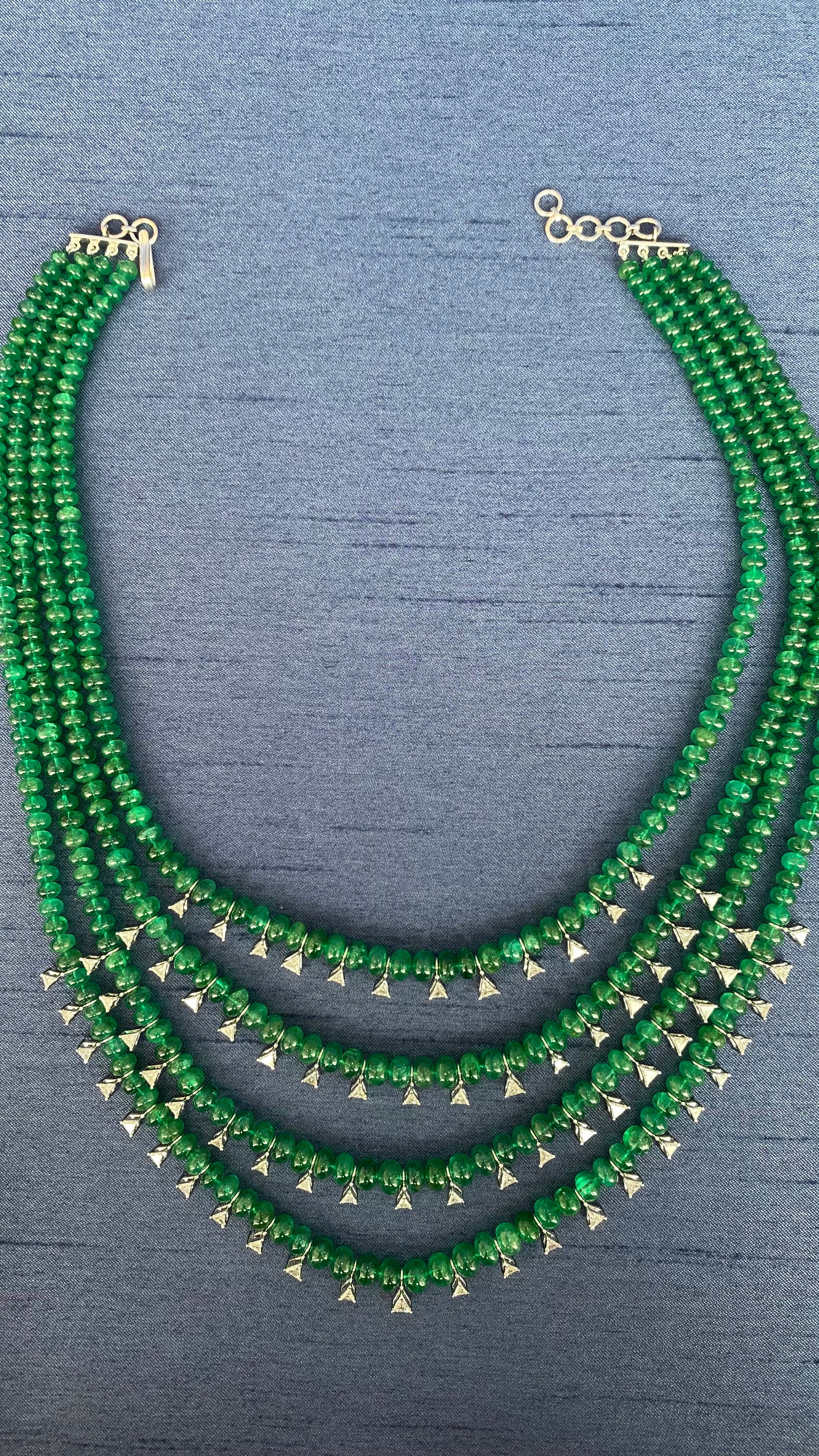 Four Line Emerald Bead & Diamond Dome Necklace