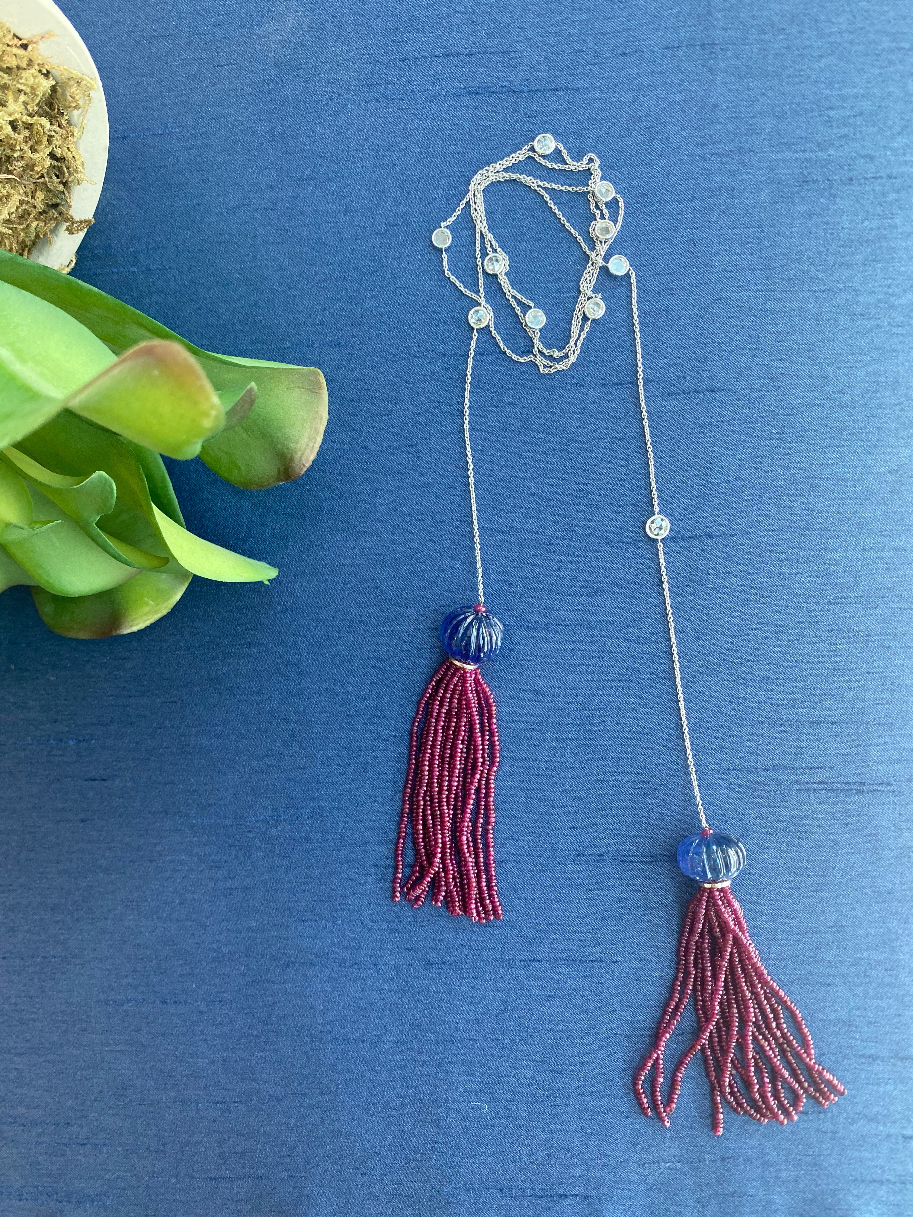Ruby Beads, Tanzanite Beads & Diamond Tassel Necklace
