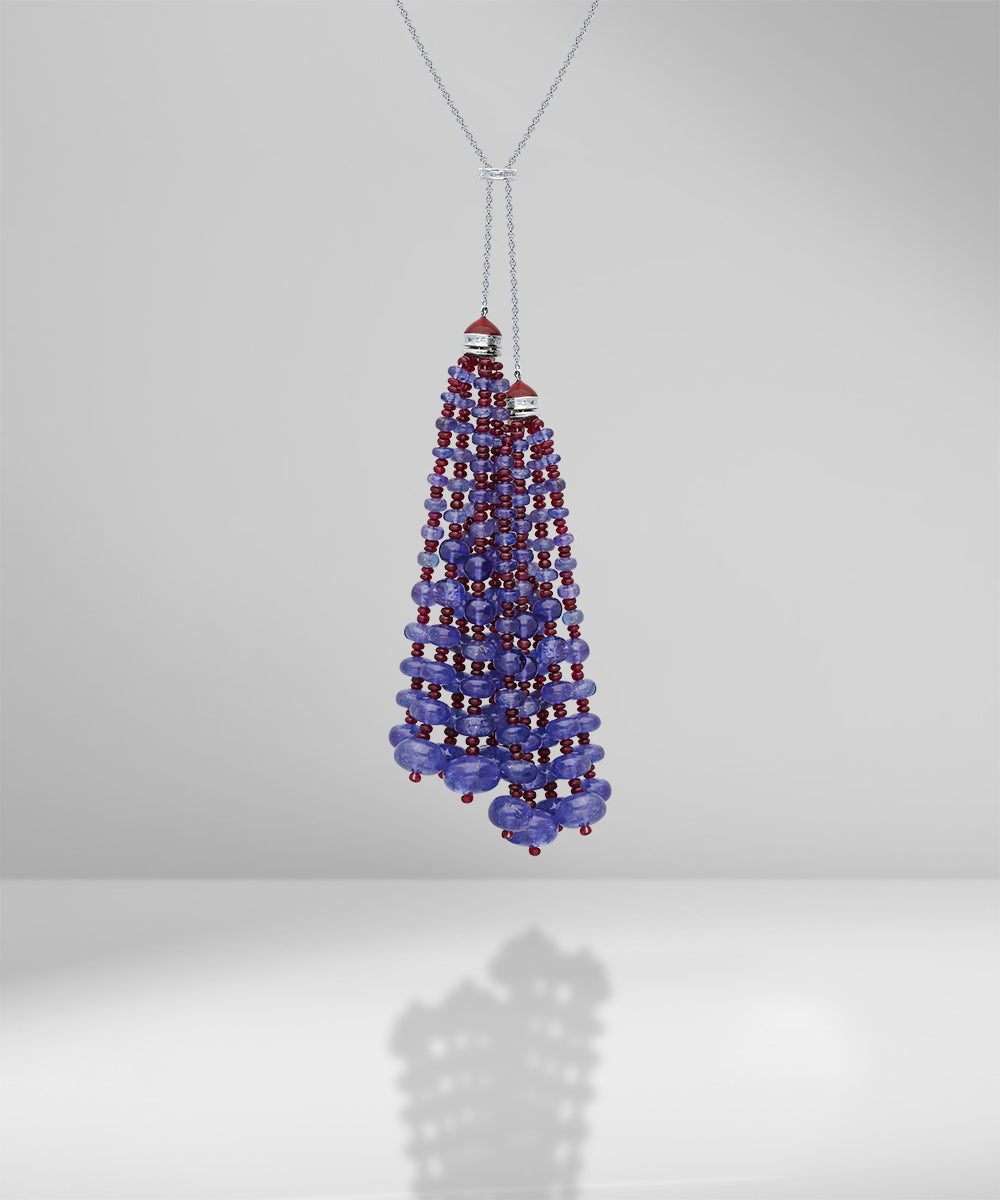 Ruby Beads, Tanzanite Beads & Diamond Tassel Enamel Necklace