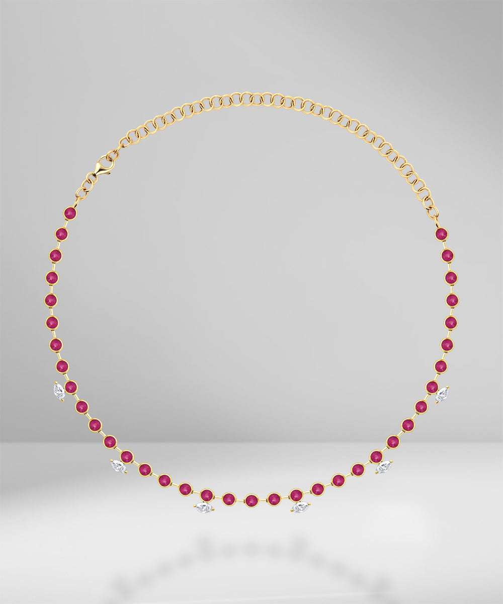 Round rubies with marquise diamond choker