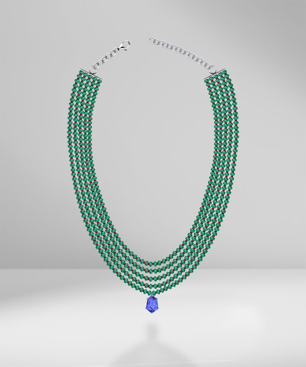 Emerald beads, ruby beads and tanzanite necklace