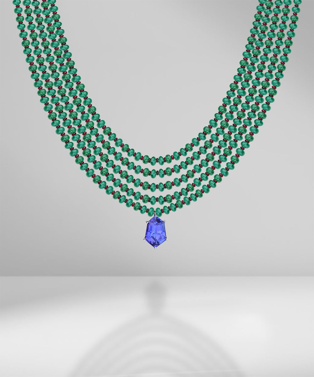 Emerald beads, ruby beads and tanzanite necklace