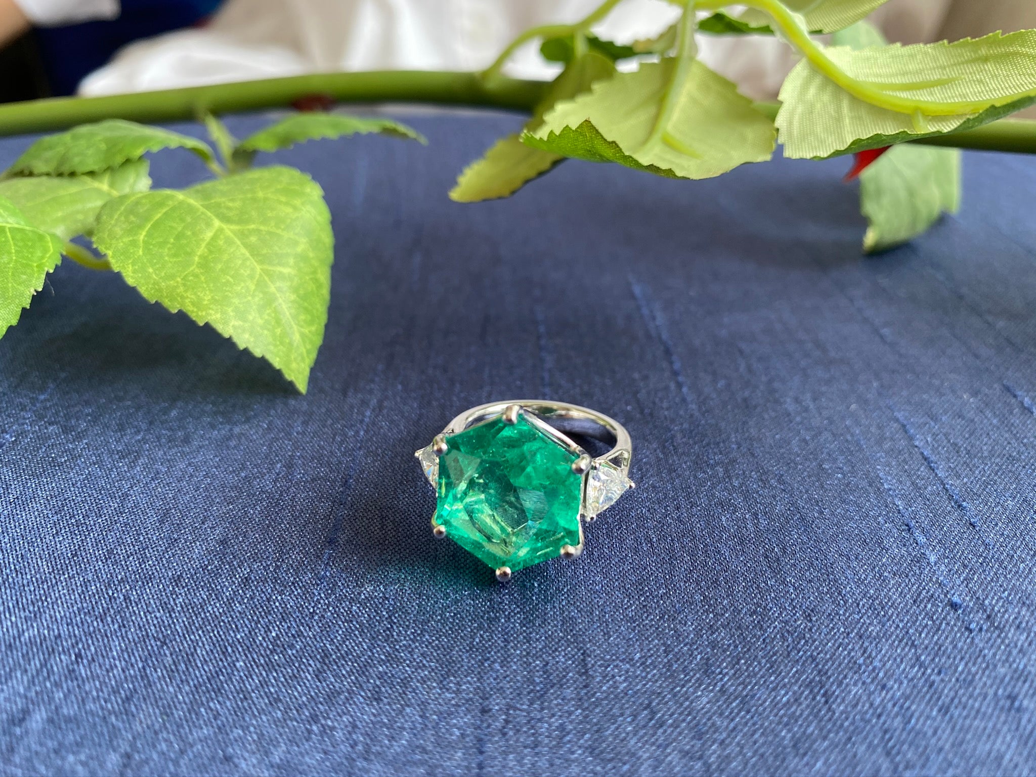 Hexagon Colombian Emerald and Diamond Ring