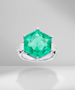 Hexagon Colombian Emerald and Diamond Ring