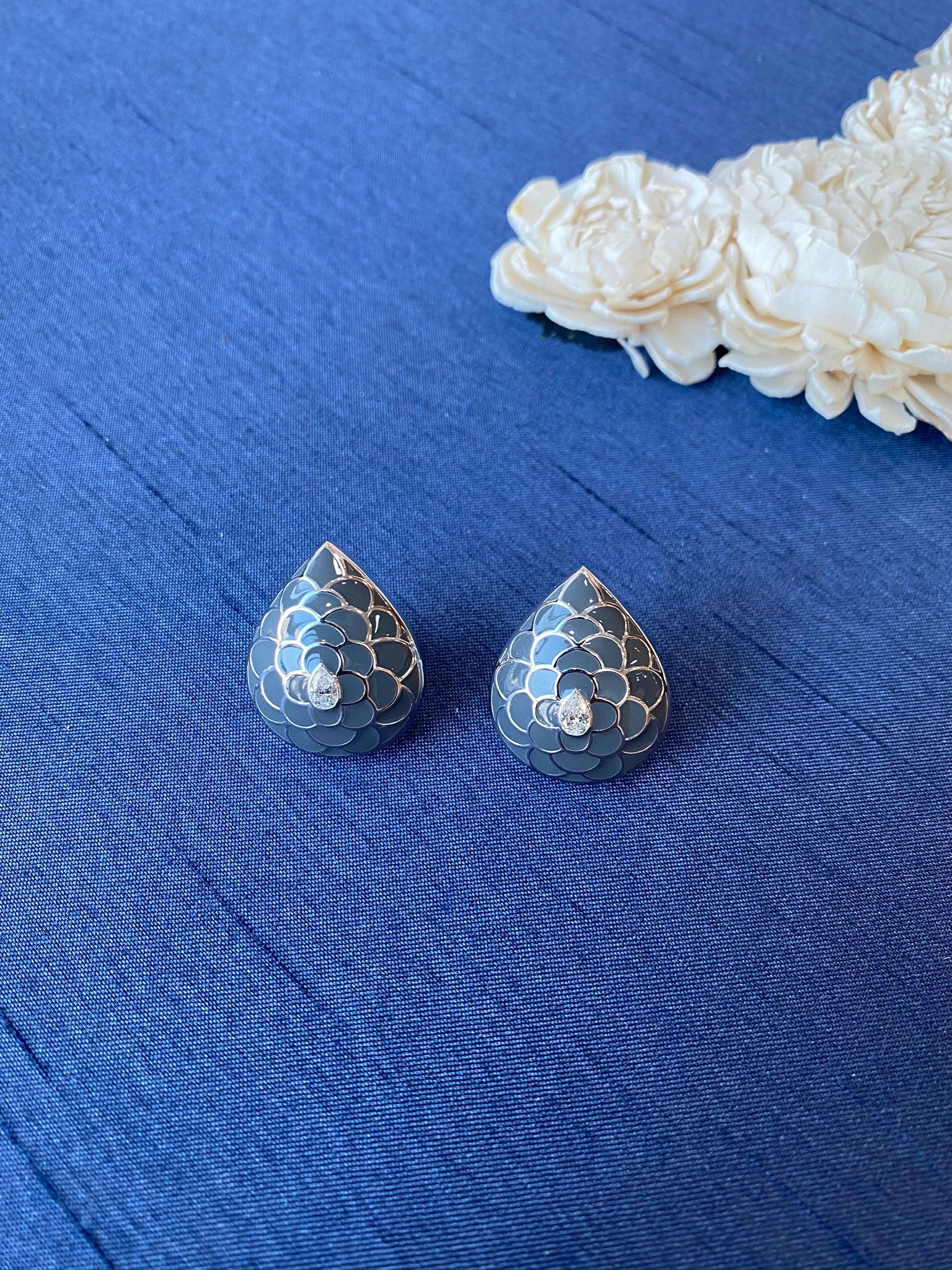 Design Enamel Earrings with Pear Diamonds