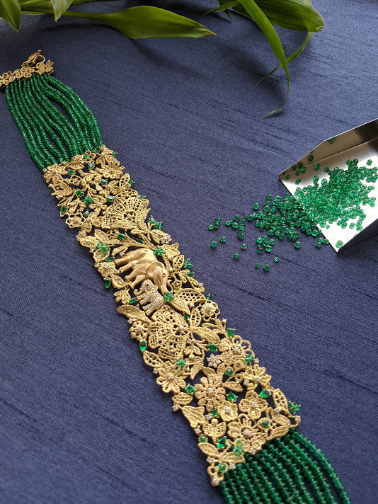 Unique Gold Lace Choker with Emerald Beads and Diamonds
