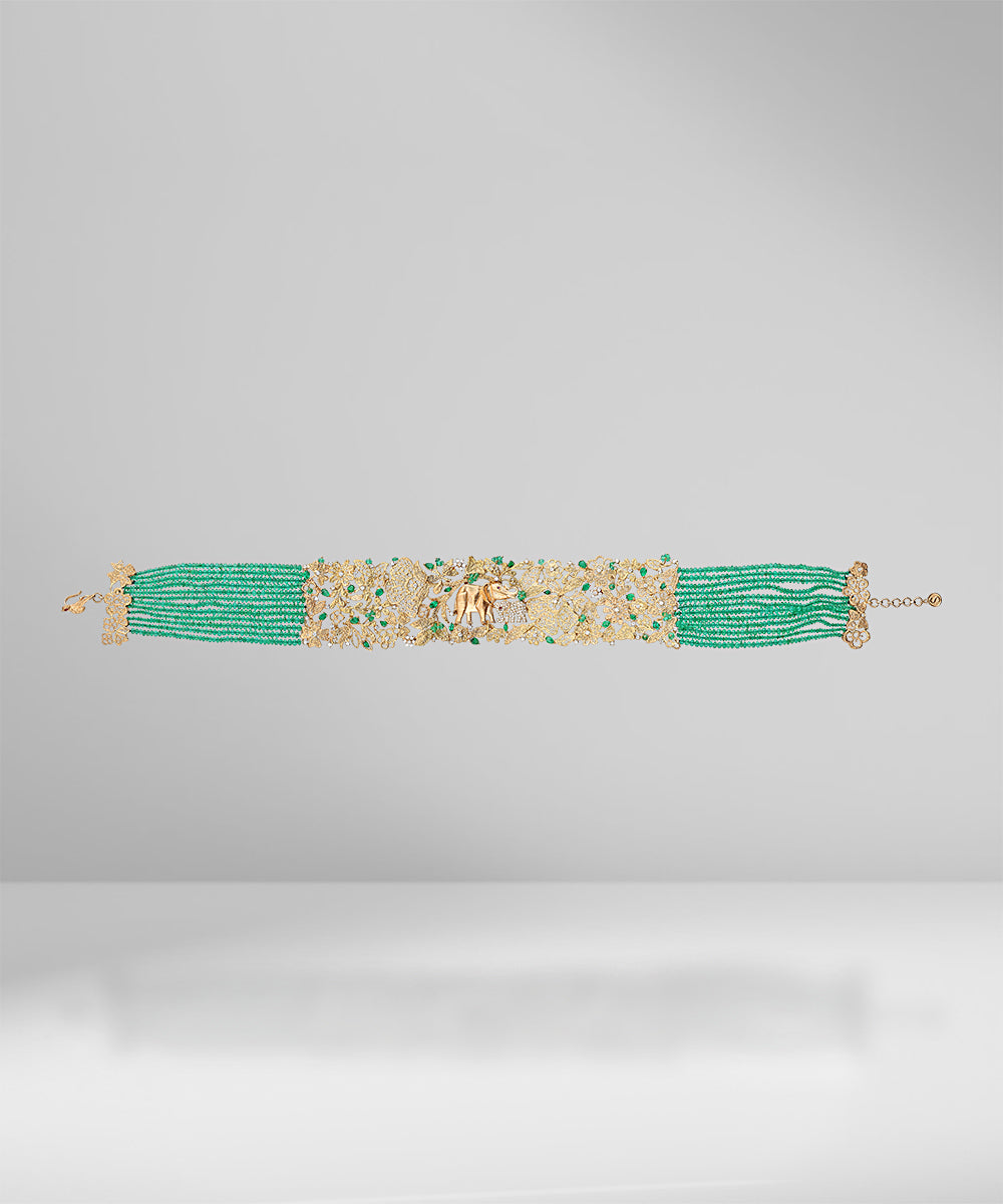 Unique Gold Lace Choker with Emerald Beads and Diamonds