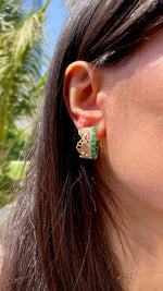 Load image into Gallery viewer, Gold Lace Woven emerald oval and diamond earring
