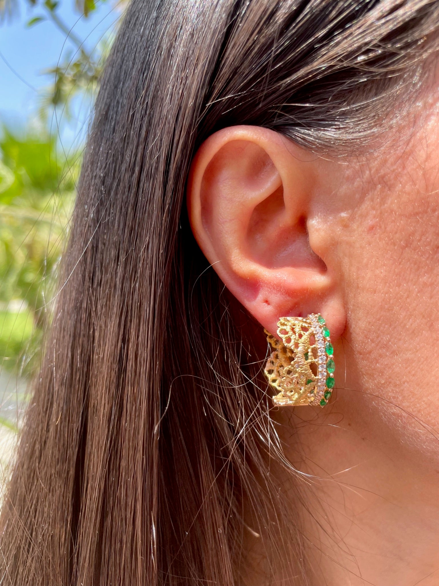 Gold Lace Woven diamond and marquise emerald earring