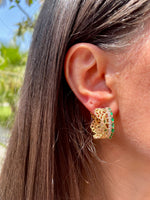 Load image into Gallery viewer, Gold Lace Woven diamond and marquise emerald earring
