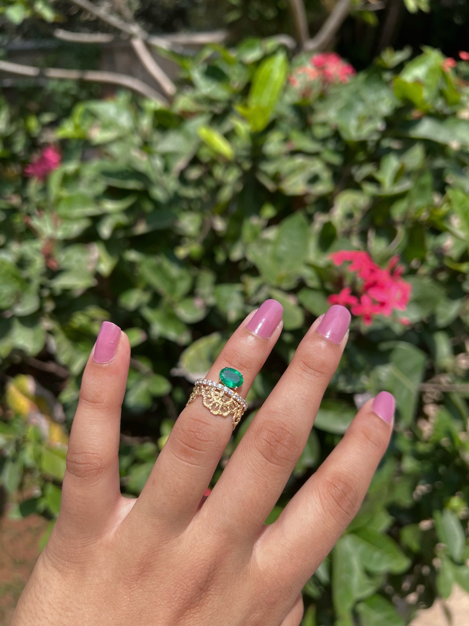 Lace woven emerald oval and diamond ring