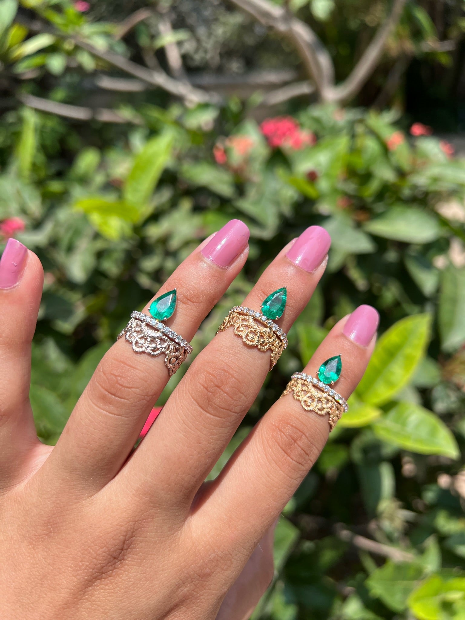 Lace woven emerald pear and diamond ring