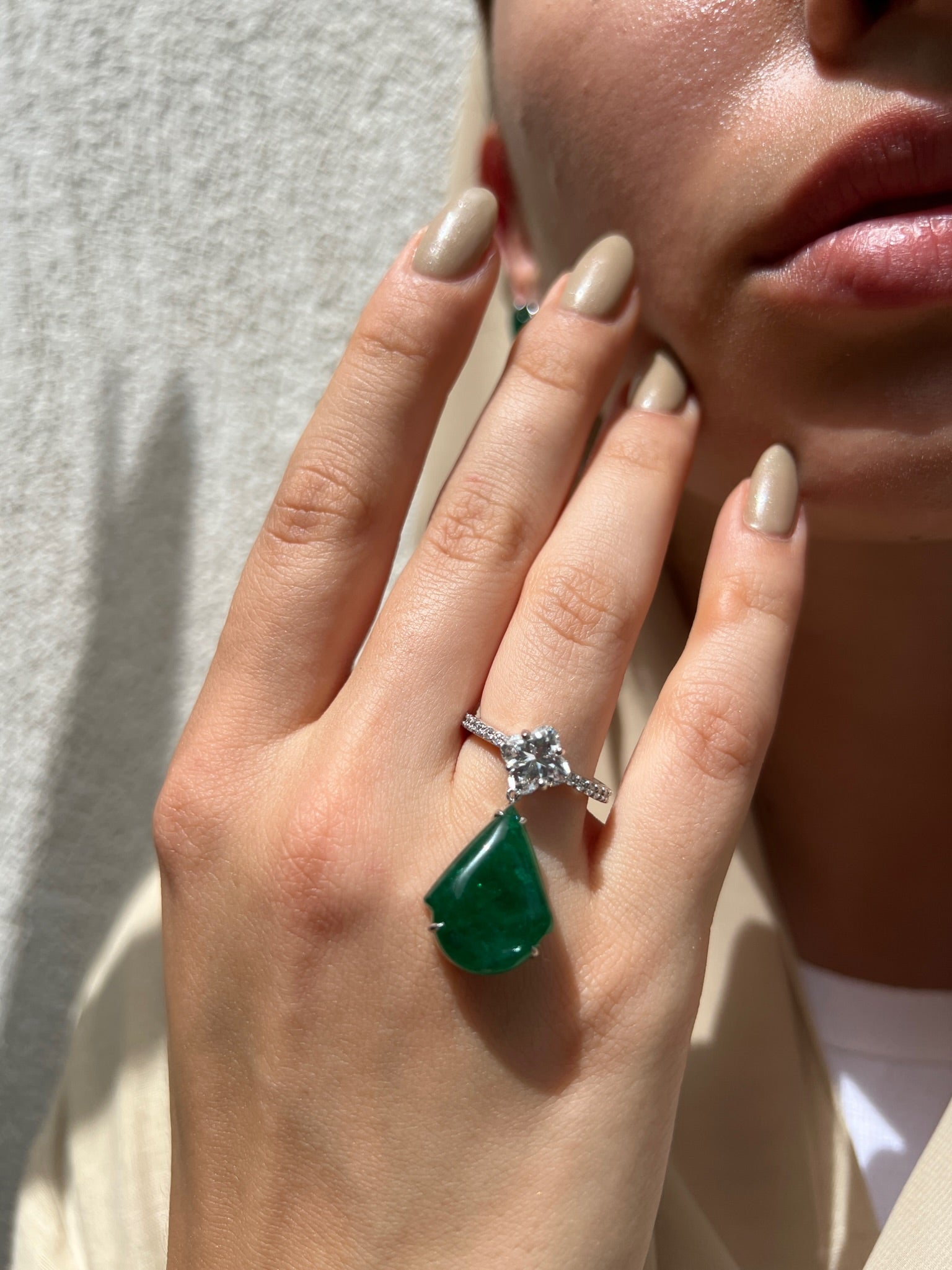 Emerald and Tulip shape Diamond Ring