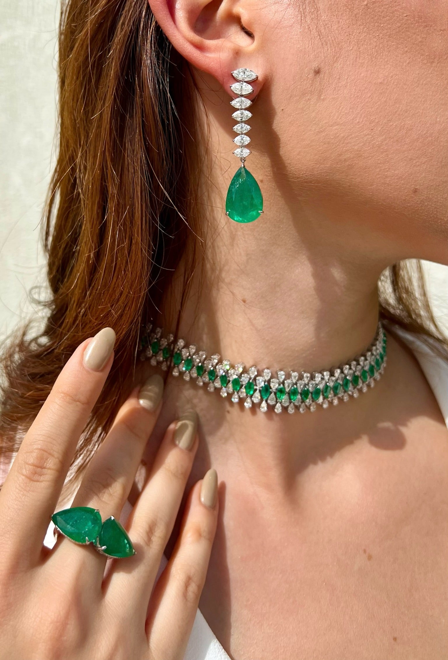 Marquise Diamonds and Pear shape Emerald Earrings